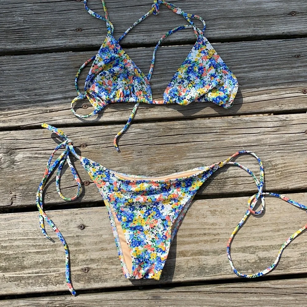 Faithfull the Brand Blue Yellow Floral Triangle Bikini